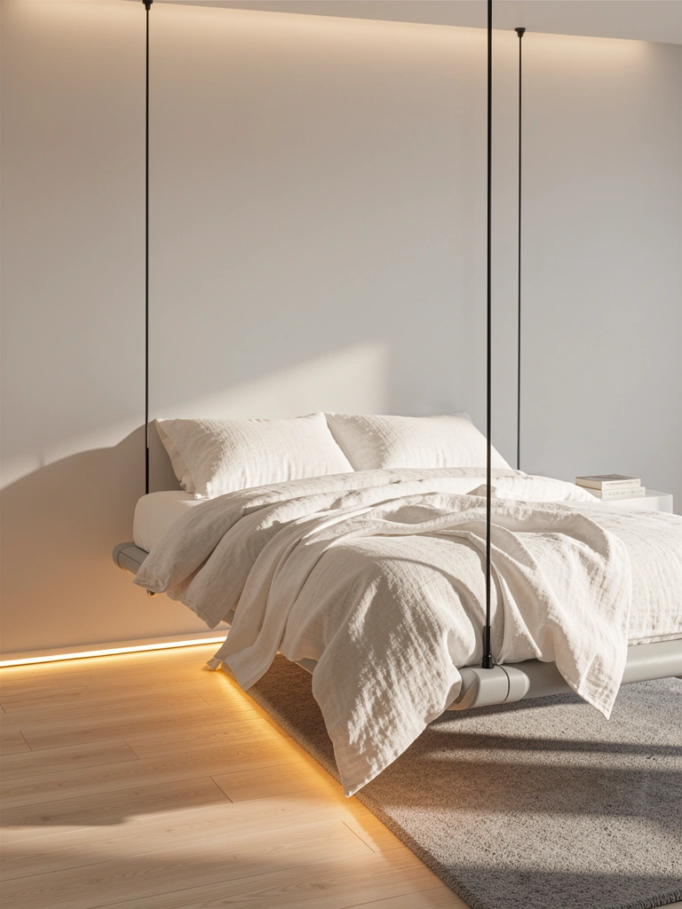 Cama articulada suspensa por cabos pretos finos, com roupa de cama branca texturizada, mesa lateral clara com livro e piso de madeira iluminado por LEDs horizontais quentes.