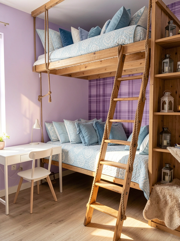 Cama suspensa de madeira rústica com edredom azul e branco, escada de corda e prateleira embutida com lanternas, luz natural entrando pela janela.