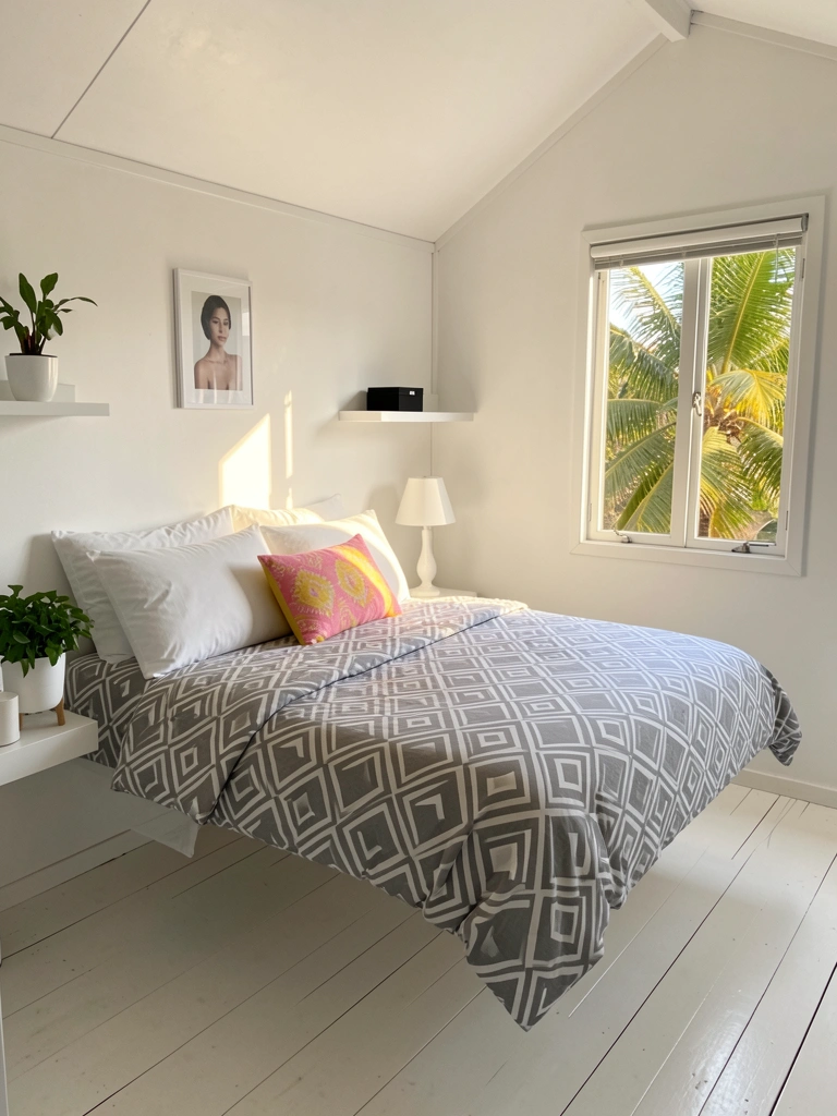 Cama suspensa com edredom geométrico cinza e branco, travesseiros e almofada rosa e amarela, vaso com planta, abajur e prateleira na parede branca, luz natural de janela.