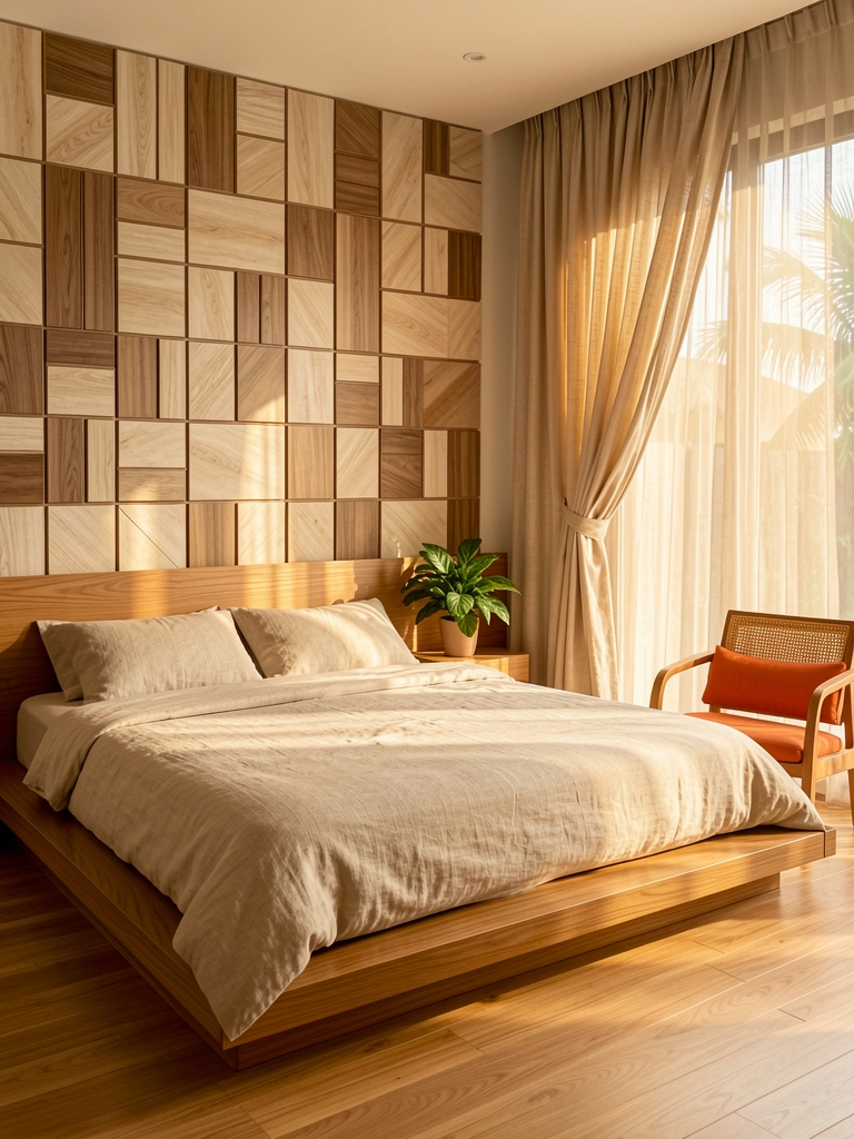 Radiância de luz natural destaca painéis geométricos bege e marrom, cama com dossel de linho claro e poltrona de assento laranja tecido.