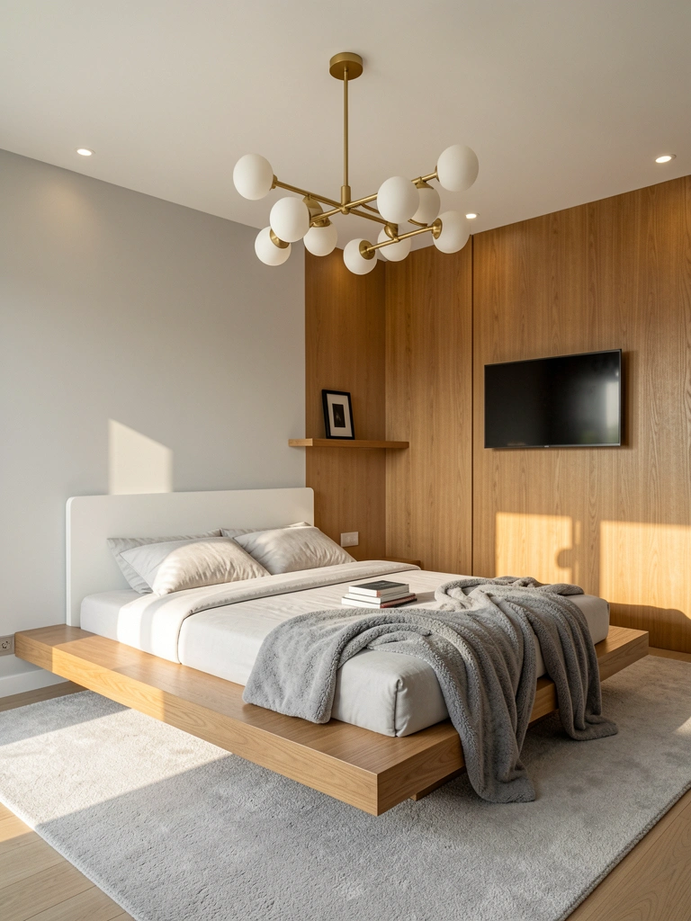 Cama baixa de madeira com colcha cinza e pilha de livros, luminária linear dourada com globos, parede de painéis de madeira e gesso claro, TV e prateleira com moldura preta, luz natural entrando.