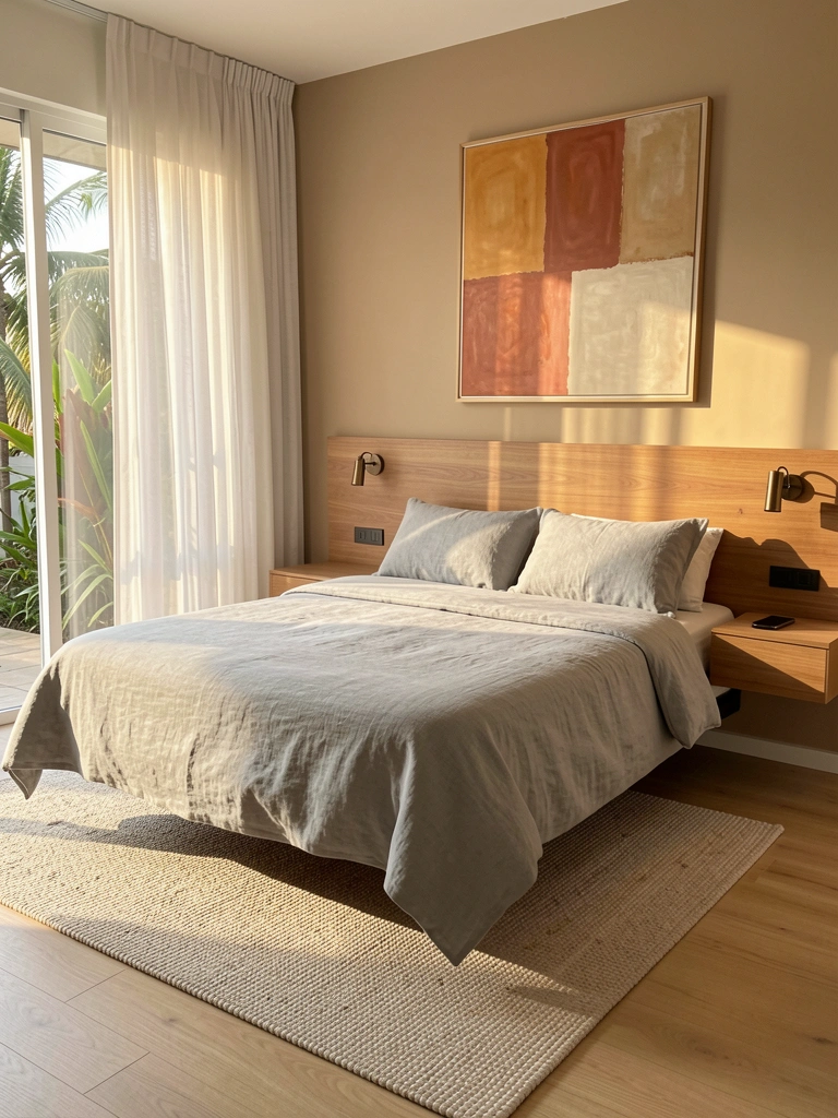 Cama flutuante com edredom cinza claro e tapete texturizado bege, parede clara, quadro abstrato em tons terrosos e luz natural entrando por janela com cortina branca.