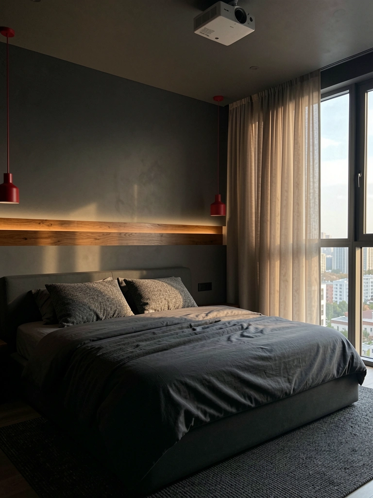Cama cinza escuro com edredom carvão e travesseiros texturizados, viga de madeira iluminada no fundo, cortina bege e lustres vermelhos suspensos.