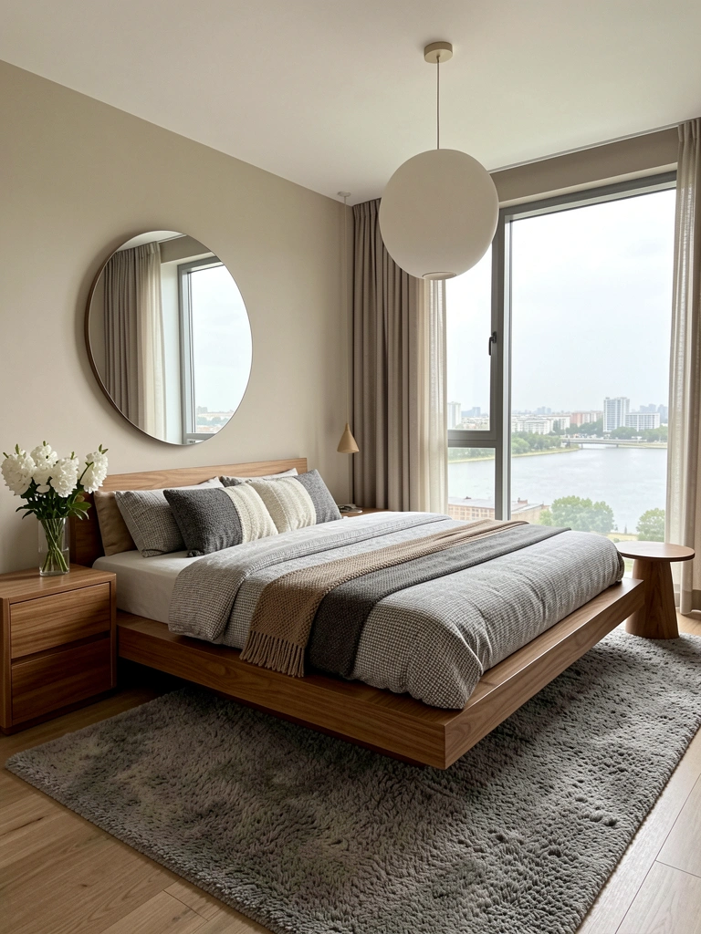 Cama de madeira flutuante com roupas de cama cinza e branco, luminária pendente esférica, janela ampla com vista de rio e cidade, tapete felpudo cinza.