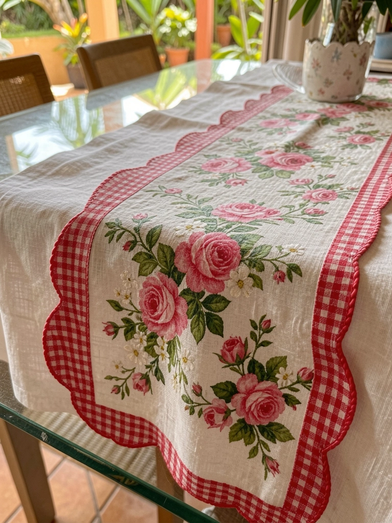 Toalha de mesa branca de linho sobre vidro, com jogos americanos florais de rosas e babados vermelhos, luz quente de fundo.