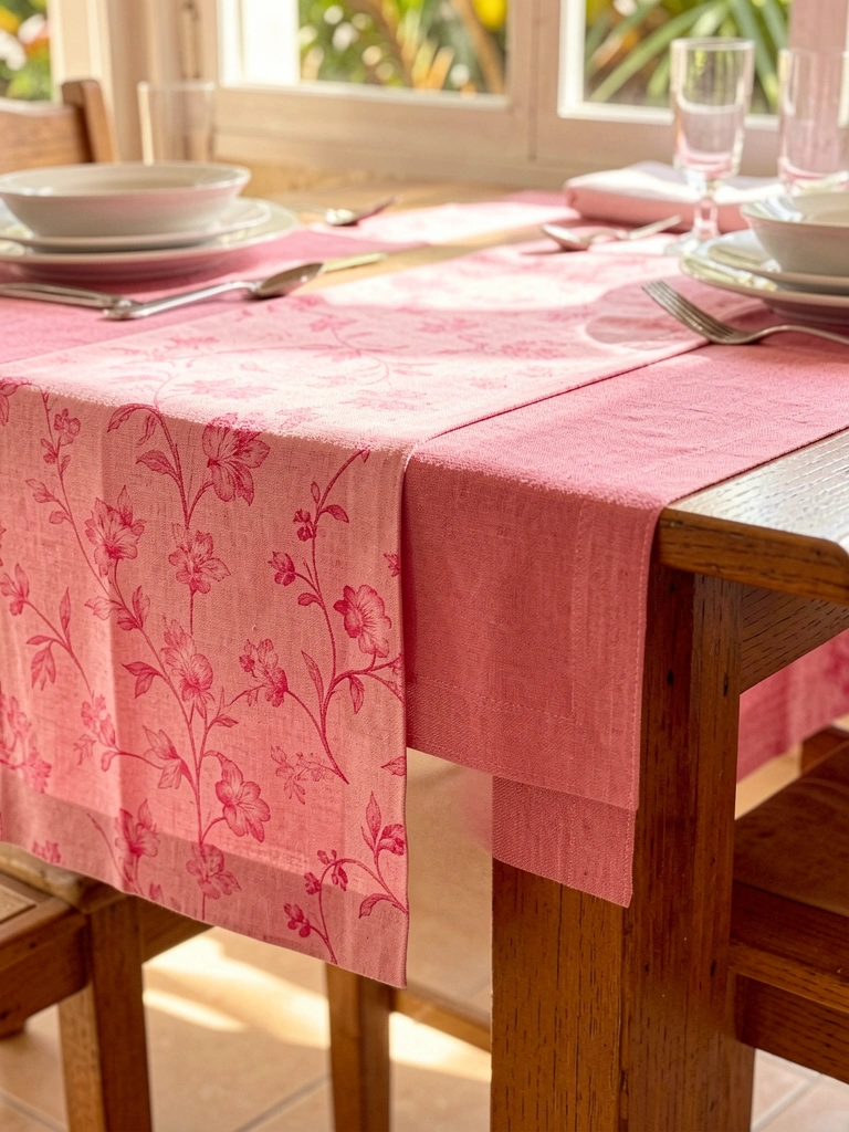 Mesa de madeira com toalha e jogo americano de linho rosa com estampa floral, luz natural filtrada por janela.