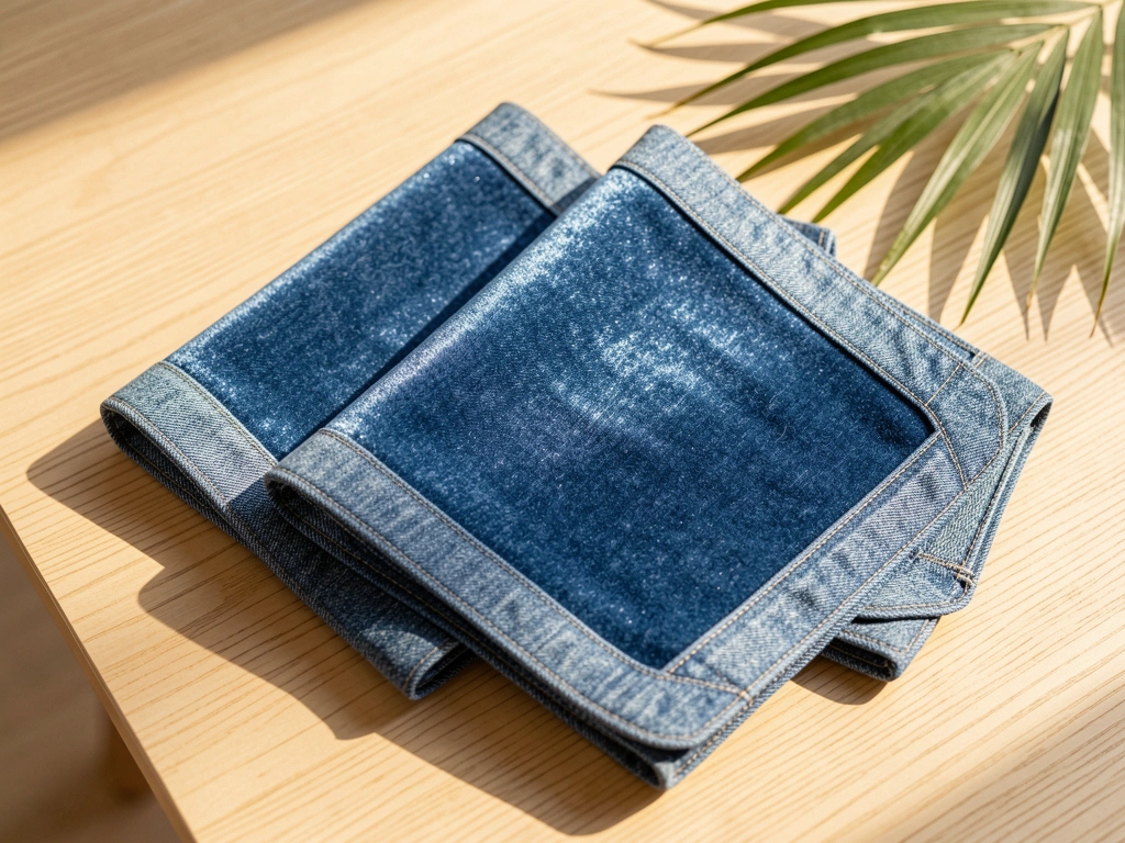 Guardanapos de jeans azul dobrados com inserto de veludo azul sobre mesa de madeira clara, luz solar natural e folha de palmeira ao fundo.