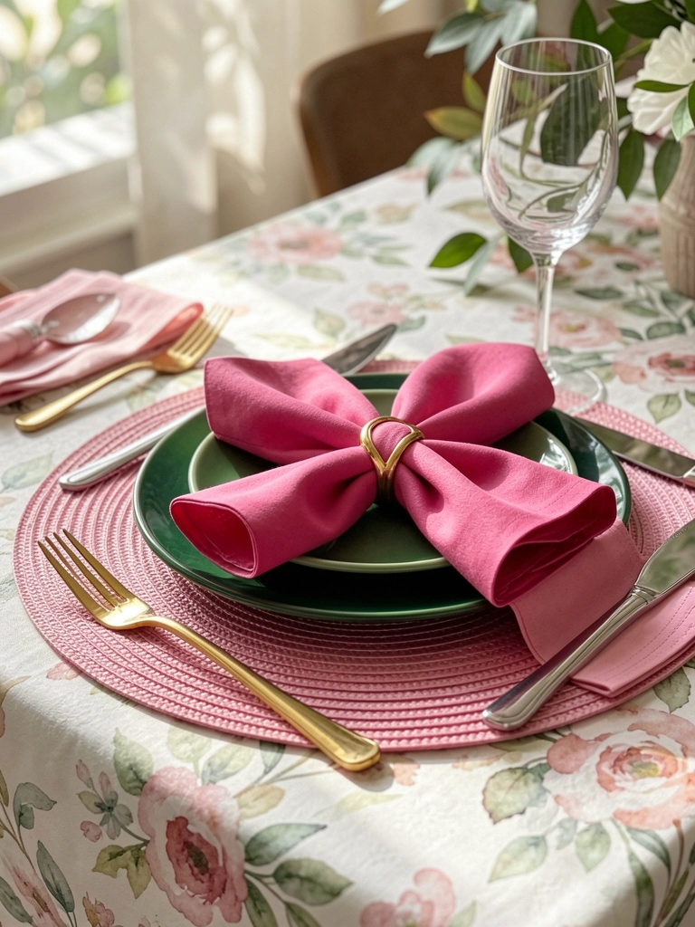 Jogo americano pink texturizado, pratos verdes sobrepostos e guardanapo rosa com argola dourada, luz natural.