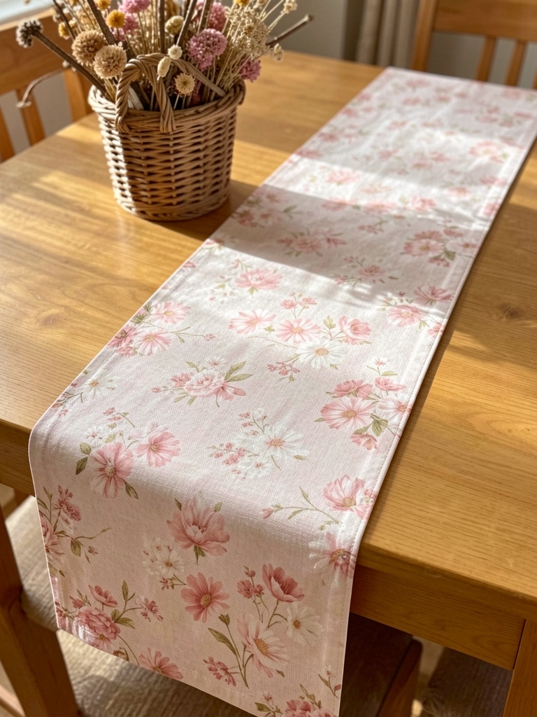 Caminho de mesa com estampa floral rosa e branca sobre mesa de madeira clara, cesto de vime com flores secas ao lado, luz natural suave.
