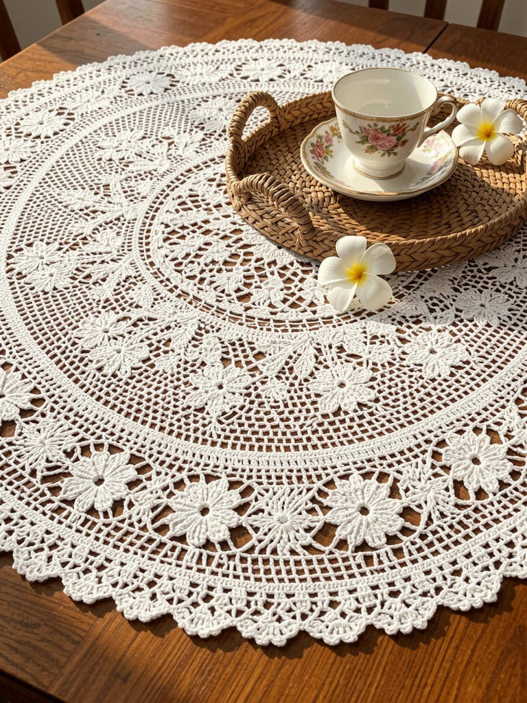 Toalha de mesa redonda de renda branca com bordados florais sobre mesa de madeira, bandeja de vime com xícara e pires vintage, luz natural destacando texturas.