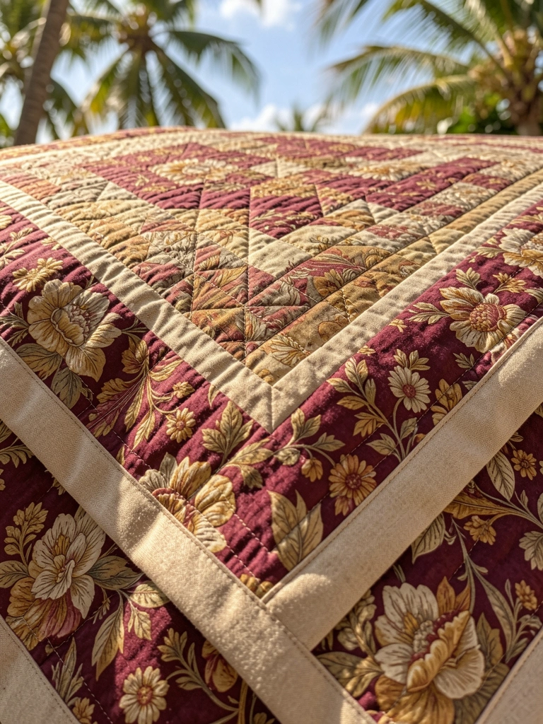 Manta acolchoada com padrão floral em bordô, dourado e bege, detalhes de costura geométrica e sobra generosa de tecido nas bordas, luz natural.
