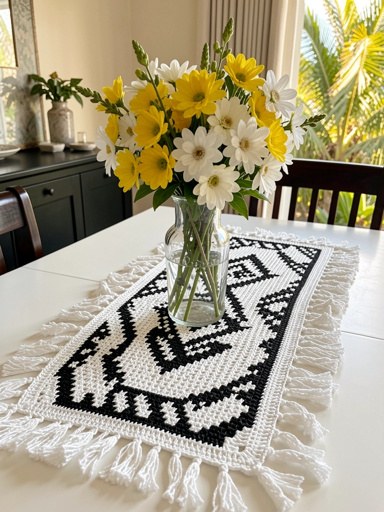 Close-up de uma toalha de mesa de crochê branca com padrões geométricos pretos e brancos e franjas, sobre uma mesa de jantar branca, com um vaso de vidro transparente com flores amarelas e brancas, luz natural do dia.