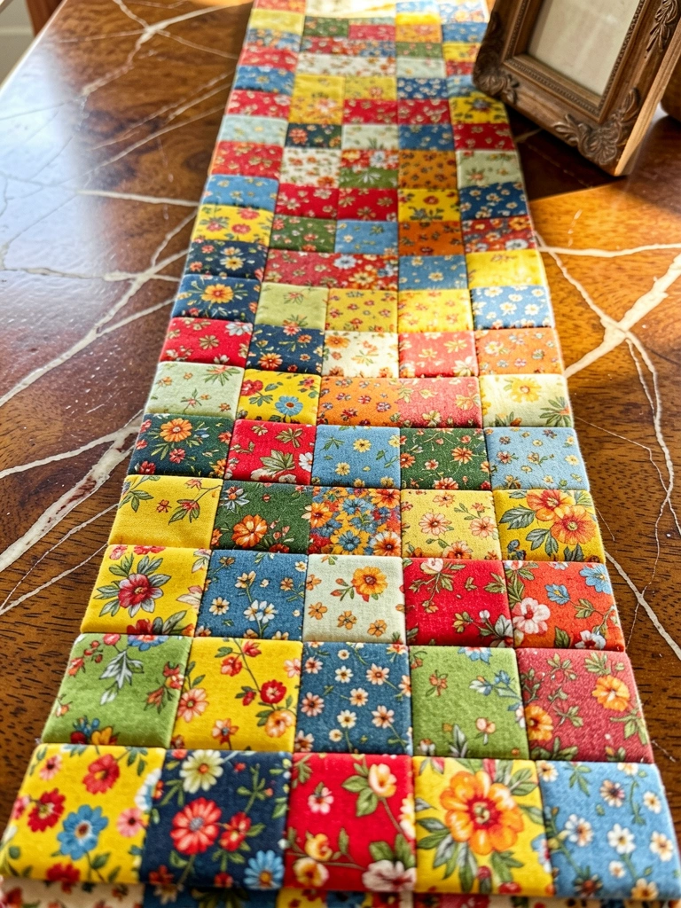 Luz natural incide sobre patchwork de retalhos florais amarelos, vermelhos, azuis, verdes e laranjas sobre mesa rústica polida com veios de mármore.