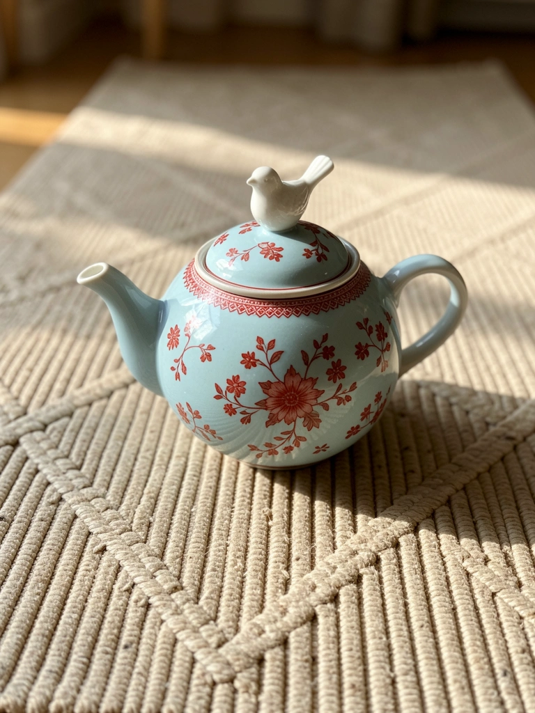 Bule de cerâmica azul claro com padrão floral vermelho sobre tapete bege texturizado, pássaro de porcelana branca na tampa, luz natural.