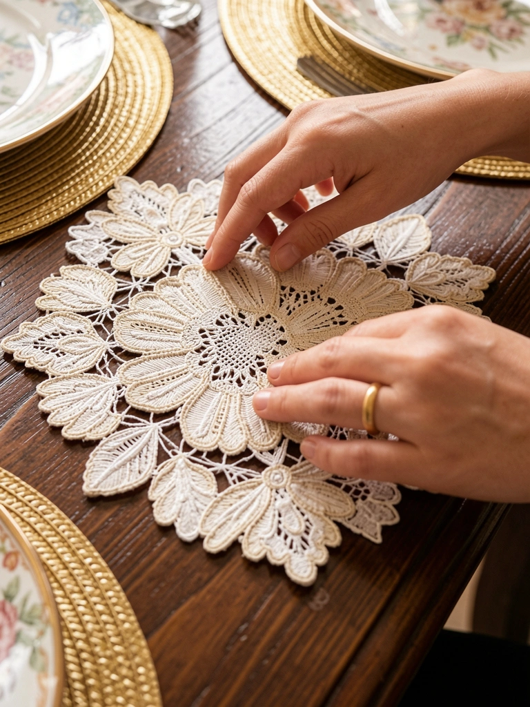Mãos femininas colocando toalha de renda creme com flores sobre mesa de madeira escura, luz natural suave e anel dourado.