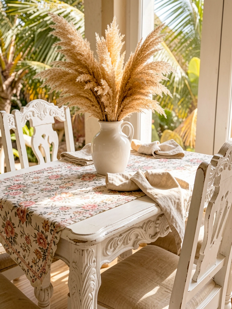 Mesa branca com borda entalhada, toalha floral, vaso de cerâmica com buquê seco de capim-dourado e duas cadeiras pintadas de branco com encostos ornamentados, sob luz natural.