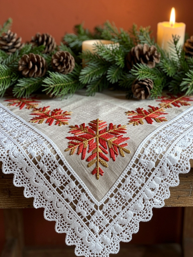 Toalha de linho bordada com flocos de neve vermelhos e dourados, renda branca na borda, sobre mesa rústica com guirlanda verde e pinhas, vela acesa ao fundo.