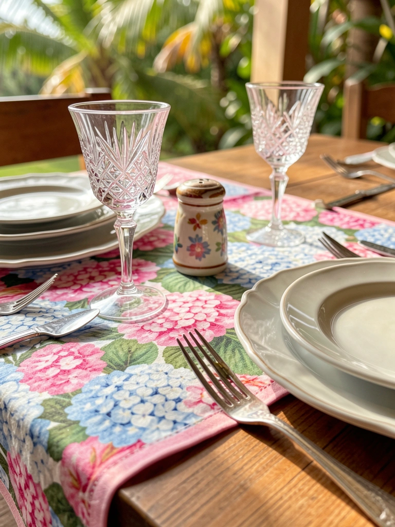 Close-up de mesa de madeira com toalha florida de hortênsias rosa, azul e branca, pratos e copos de cristal, luz natural quente.