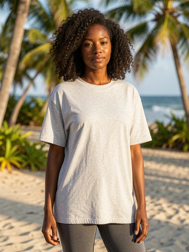 Mulher negra de cabelos cacheados, camiseta oversized cinza claro com textura sutil e leggings cinza escuro, luz natural com sombras suaves.