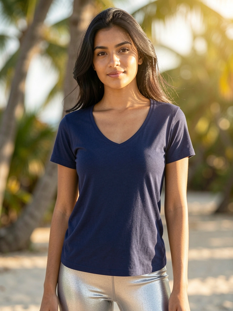 Mulher de cabelo escuro com camiseta azul-marinho de gola V e leggings metálicas prateadas, luz natural tropical e fundo desfocado.
