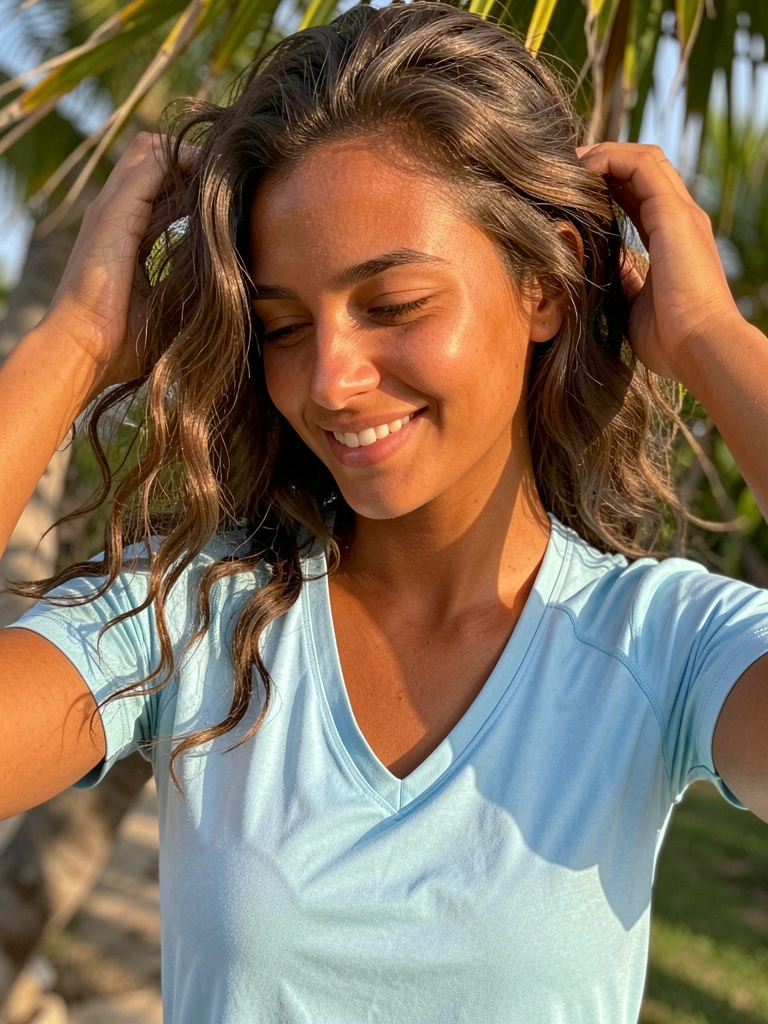 Mulher de camiseta azul clara e cabelo castanho ondulado sorri puxando os fios, luz natural difusa e tecido levemente amarrotado.