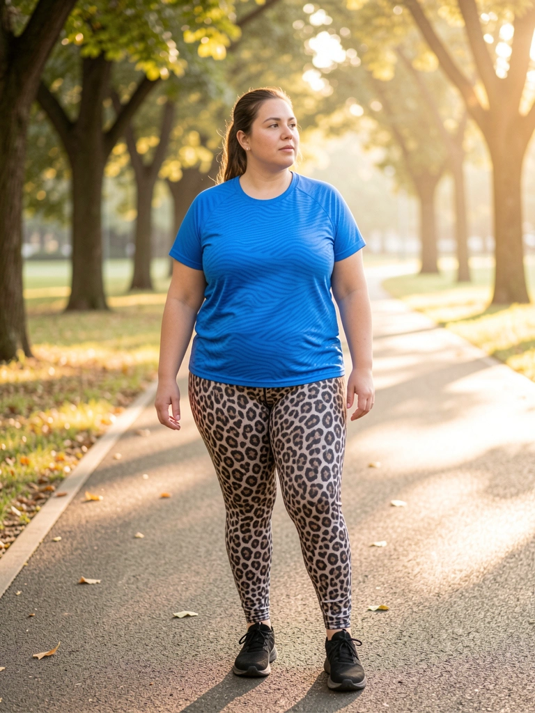 Mulher de camiseta azul com estampa de zebra e leggings de onça em trilha de parque, luz do sol filtrada por árvores.