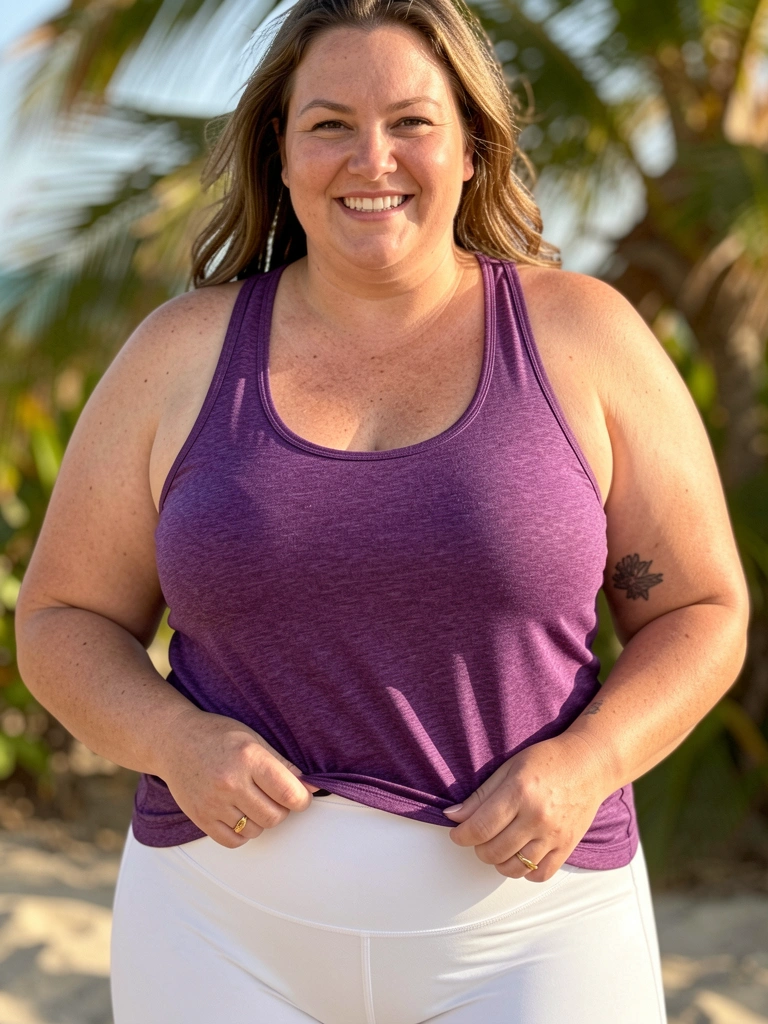 Mulher sorridente com top roxo escuro e calça branca de cintura alta, segurando a barra da blusa, luz natural filtrada por folhagens.