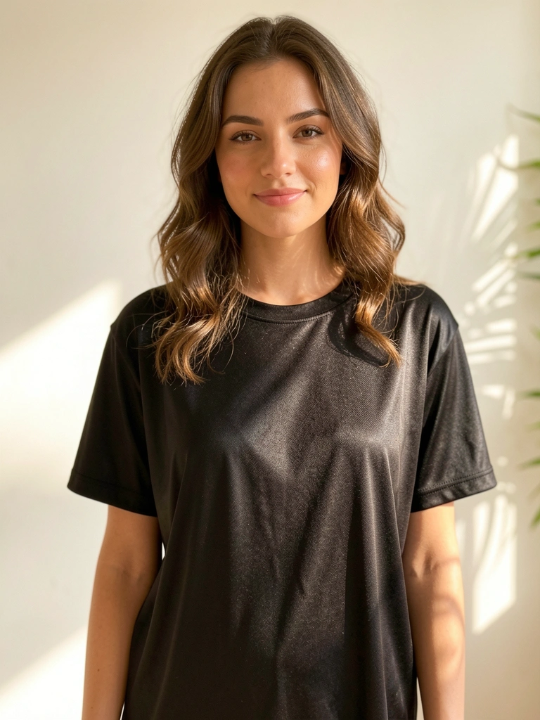 Jovem com cabelo ondulado e camiseta preta de poliéster texturizada, sorrindo levemente, fundo branco desfocado com luz natural difusa.