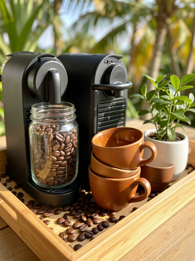 Bandeja de madeira clara com máquina Nespresso preta, pote de vidro com grãos de café espalhados, xícaras marrons e vaso branco com planta, luz natural do dia.