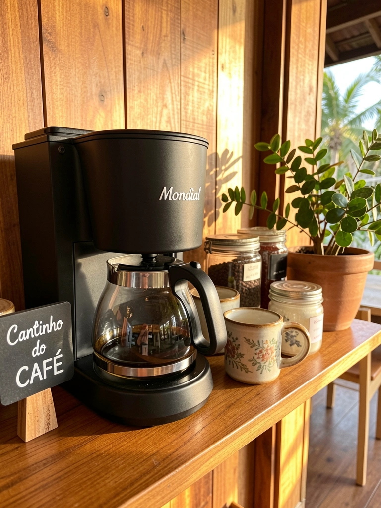 Cafeteira Mondial preta e bule de vidro sobre prateleira de madeira, com placa 