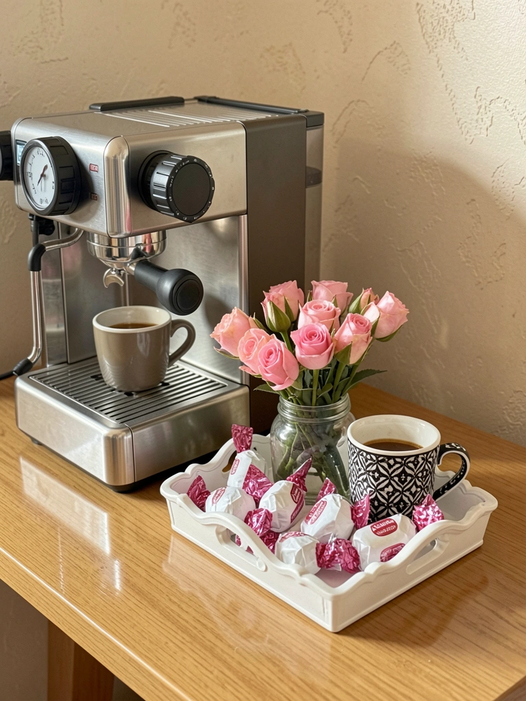 Mesa de madeira clara com máquina de espresso e xícara, bandeja branca com rosas e chocolates, luz natural quente e parede bege texturizada.