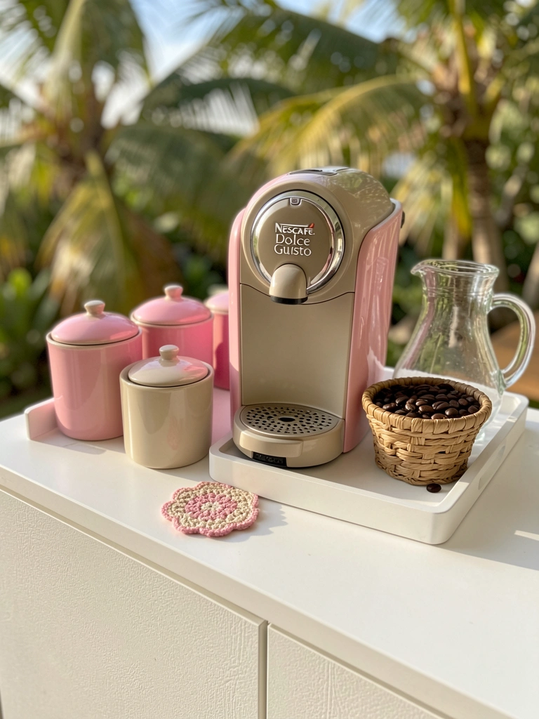 Luz natural incide sobre aparador branco com máquina Nescafé Dolce Gusto rosa e bege, potes cerâmicos e cesto de vime com grãos de café.