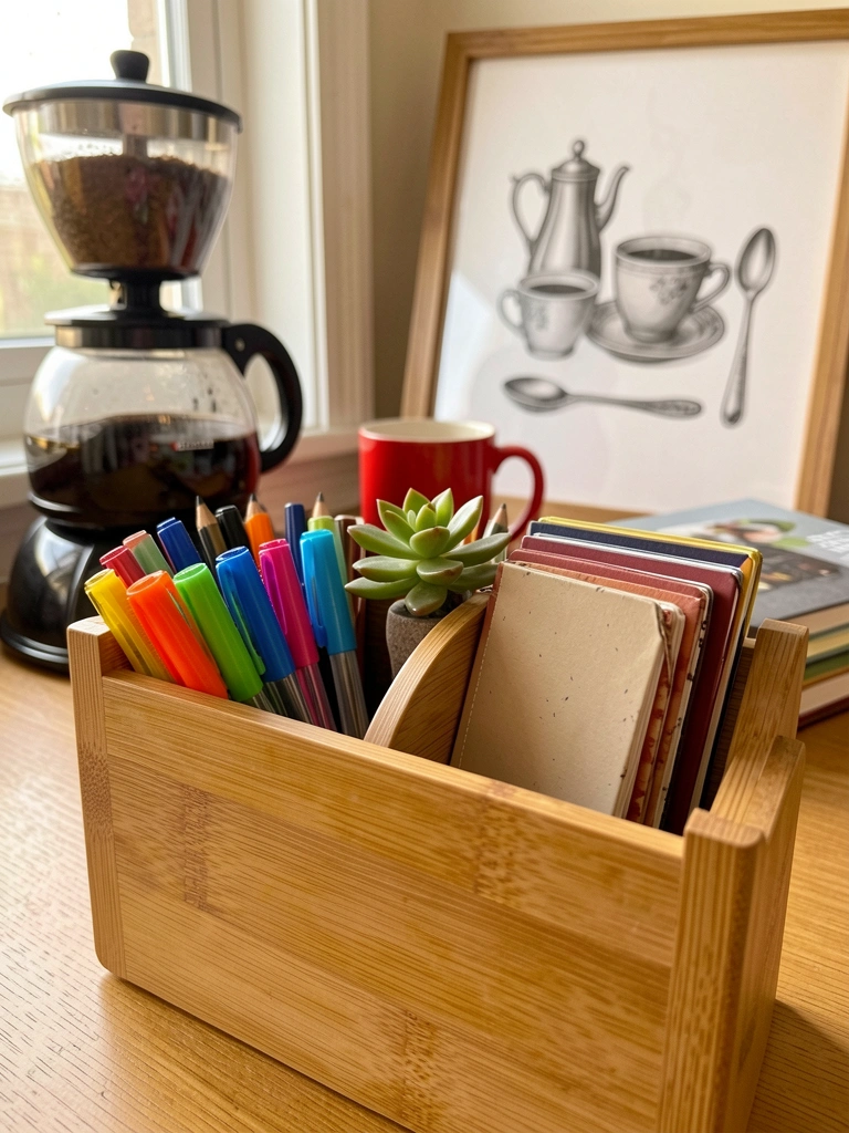 Bambu texturizado de organizador com canetas coloridas, cadernos e suculenta verde; ao fundo, cafeteira vintage e ilustração monocromática.
