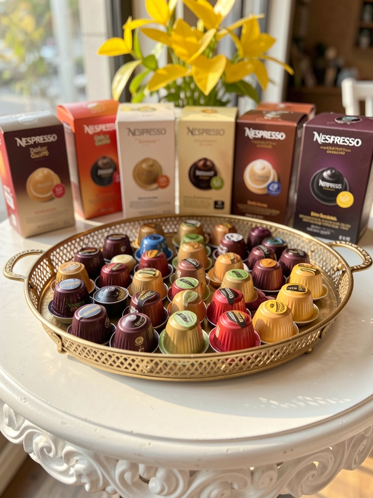 Bandeja dourada com cápsulas Nespresso Dolce Gusto organizadas simetricamente, sobre mesa branca ornamentada, com fundo desfocado de cafeteria e planta amarela vibrante.