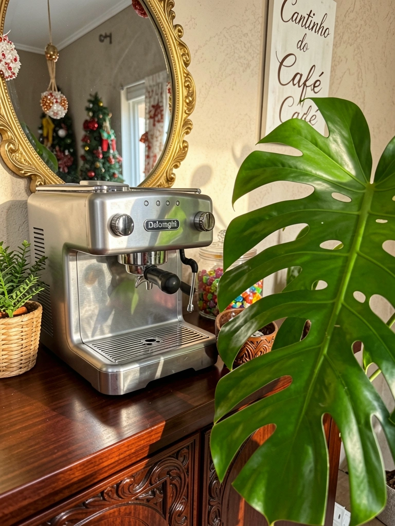 Lado a lado: cesta de vime com planta, máquina de espresso prateada e pote de vidro com balas sobre aparador de madeira escura, folha de costela-de-adão ao fundo.
