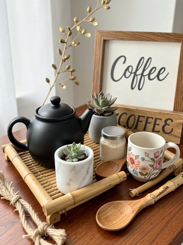 Bule preto de cerâmica sobre bandeja de bambu com suculenta em vaso cinza, caneca de mármore branco e moldura de café, luz difusa sobre mesa de madeira.