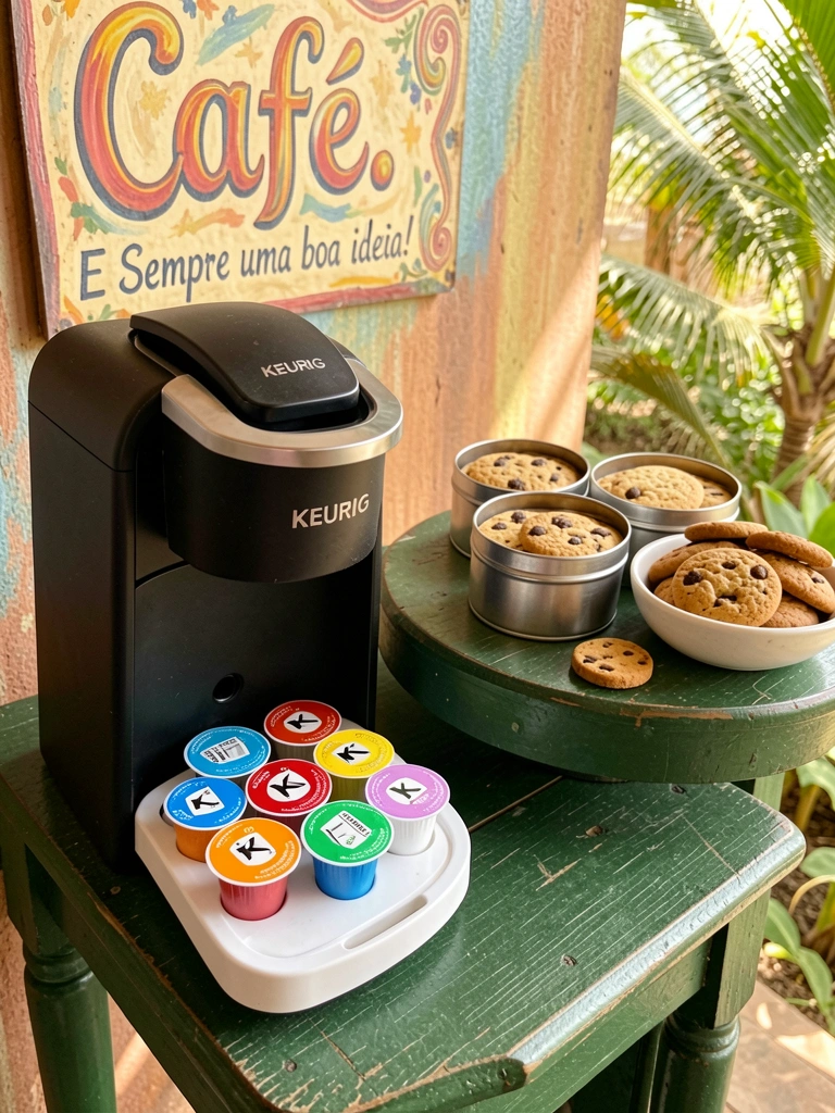 Cafeteira preta Keurig com cápsulas coloridas em padrão decorativo, ao lado de mesa verde escura com biscoitos em latas de prata e tigela, parede rústica com banner 
