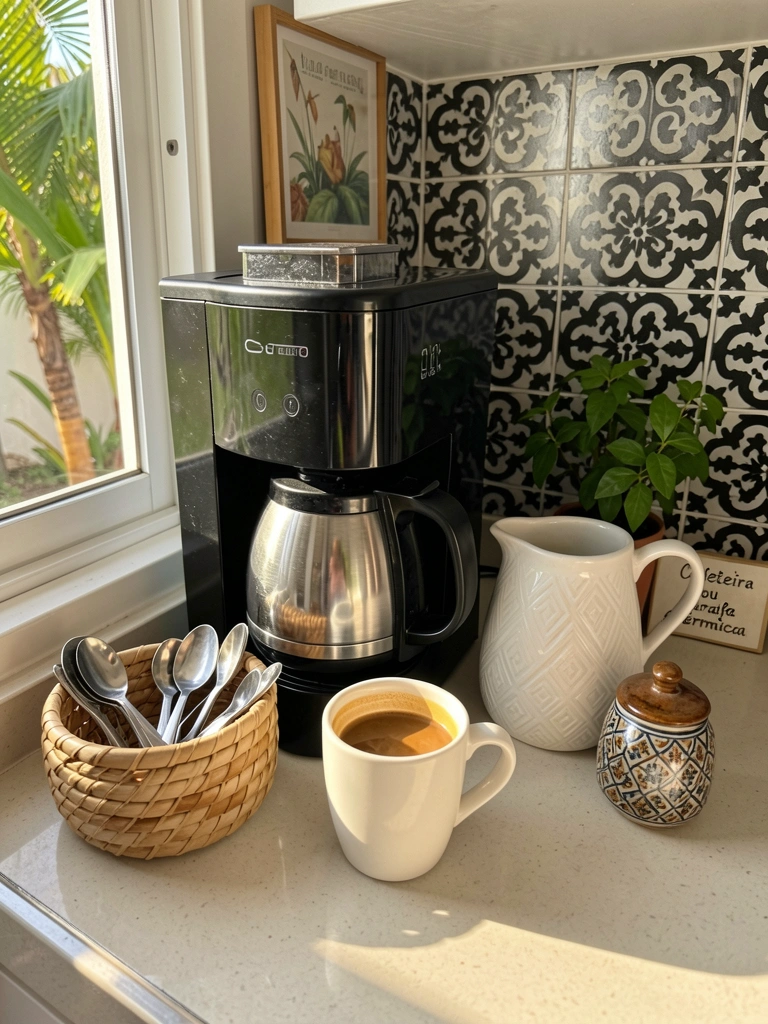 Máquina de café preta com jarra de inox, caneca branca cheia, cesto de vime com colheres e fundo de azulejos pretos e brancos, luz natural.