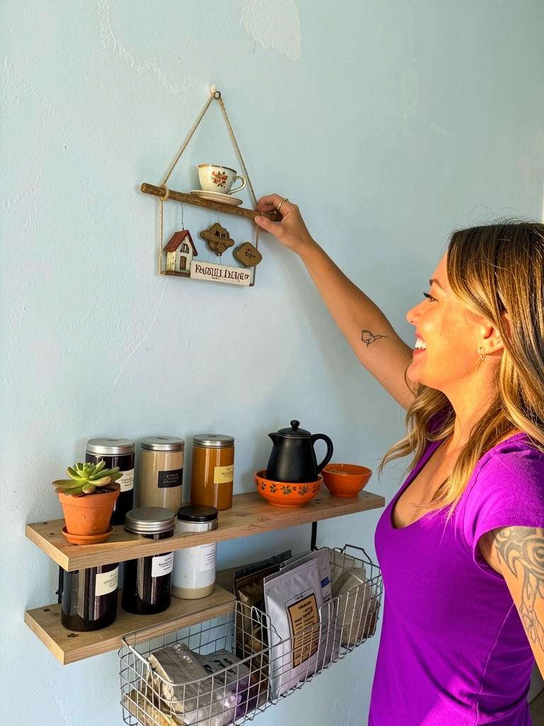 Mulher com blusa roxa e tatuagem sorri ao tocar em um quadro de parede com xícara e placa de casa, sobre parede azul clara. Prateleira com potes de café, chaleira preta, tigela laranja, suculenta e cesto de arame.