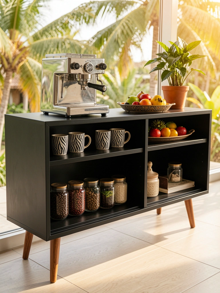Cômoda preta com pés de madeira, máquina de espresso vintage, canecas de zebra e frutas em bandeja, luz natural.