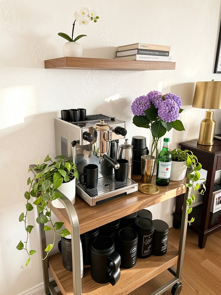 Carrinho de bar preto com cafeteira, bule, mugs cerâmicos e vasos de plantas, luz natural e parede texturizada ao fundo.