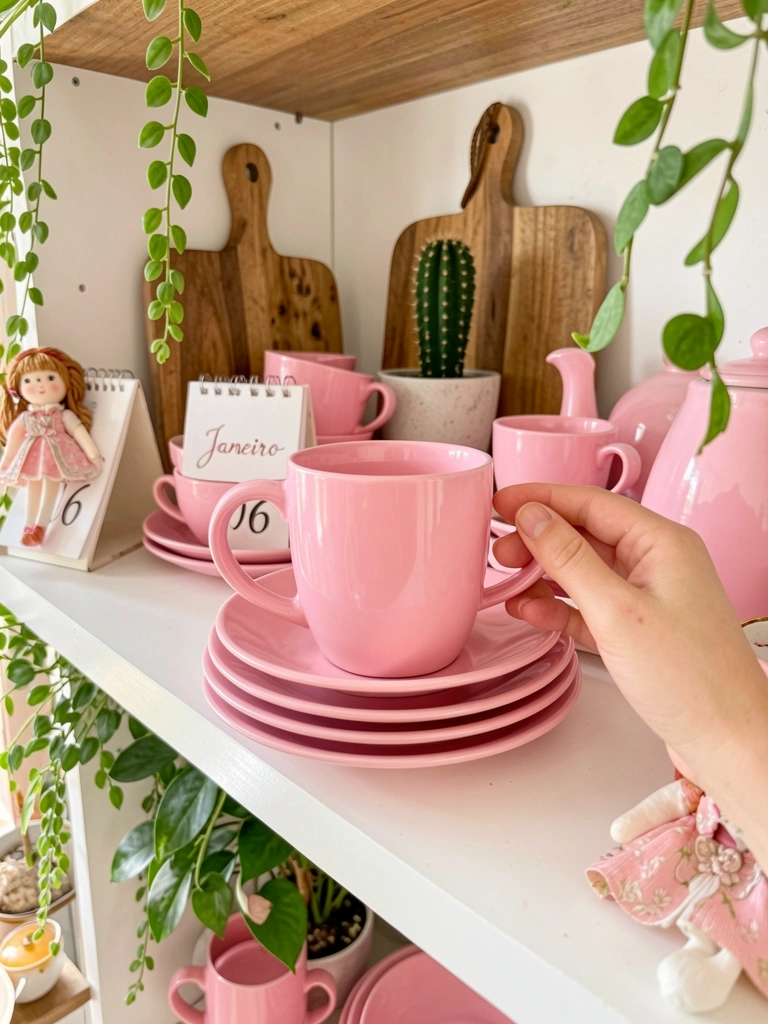 Mão toca caneca rosa de cerâmica em prateleira de madeira com pratos, cacto, calendário 