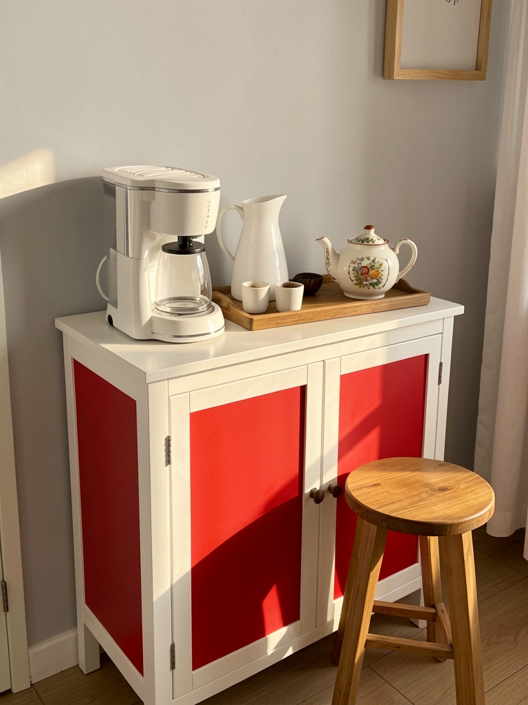 Armário de cozinha branco com detalhes vermelhos, cafeteira branca, bandeja de madeira com xícaras e chocolate, bule decorativo e banquinho de madeira, sob luz natural contra parede cinza claro.