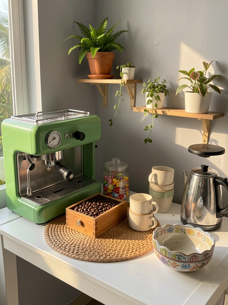 Máquina de espresso verde vintage sobre esteira de rattan, caixa de madeira com grãos de café e pilha de canecas de cerâmica, luz natural do dia.
