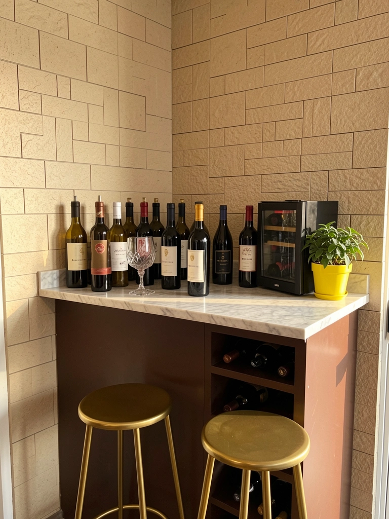 Parede bege texturizada com padrão geométrico de tijolos, balcão de mármore com garrafas de vinho, copo decorativo e dois bancos dourados, iluminado por luz natural.