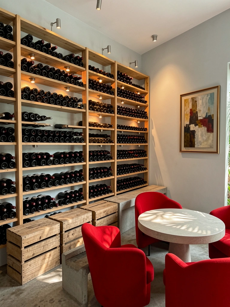 Prateleiras de madeira com fileiras de garrafas de vinho escuras, iluminadas por spots; banco de concreto e mesa redonda clara com poltronas vermelhas à frente.