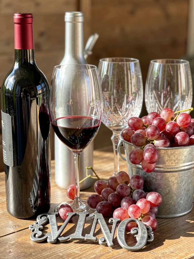 Garrafa de vinho prateada com taças de cristal e cacho de uvas vermelhas em balde rústico sobre mesa de madeira, luz natural suave.
