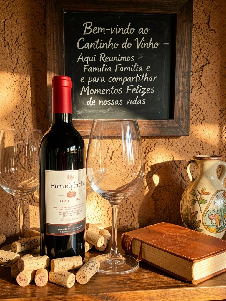 Garrafa de vinho tinto entre rolhas, taças e um livro de couro em prateleira de madeira, luz natural filtrada e parede texturizada com quadro de giz.