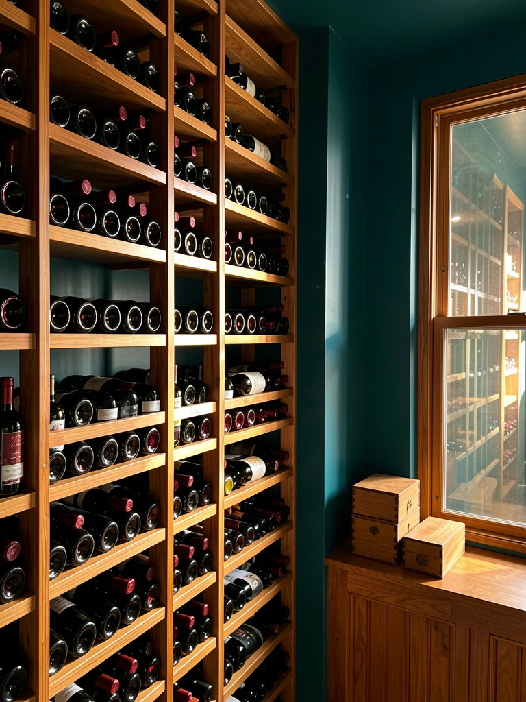 Estantes de madeira com fileiras de garrafas de vinho tinto, paredes verde-escuro e luz natural refletindo no vidro.
