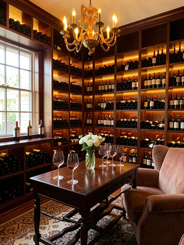 Prateleiras de madeira escura com fileiras de garrafas de vinho tinto, iluminadas por lustre dourado e luz natural; mesa com copos e vaso de flores brancas.